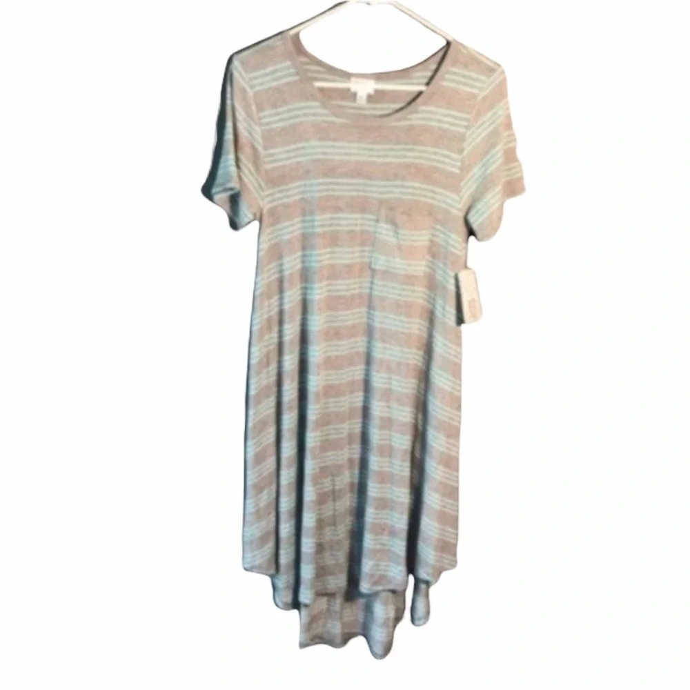LulaRoe Carly T-Shirt Dress Gray Teal Stripes